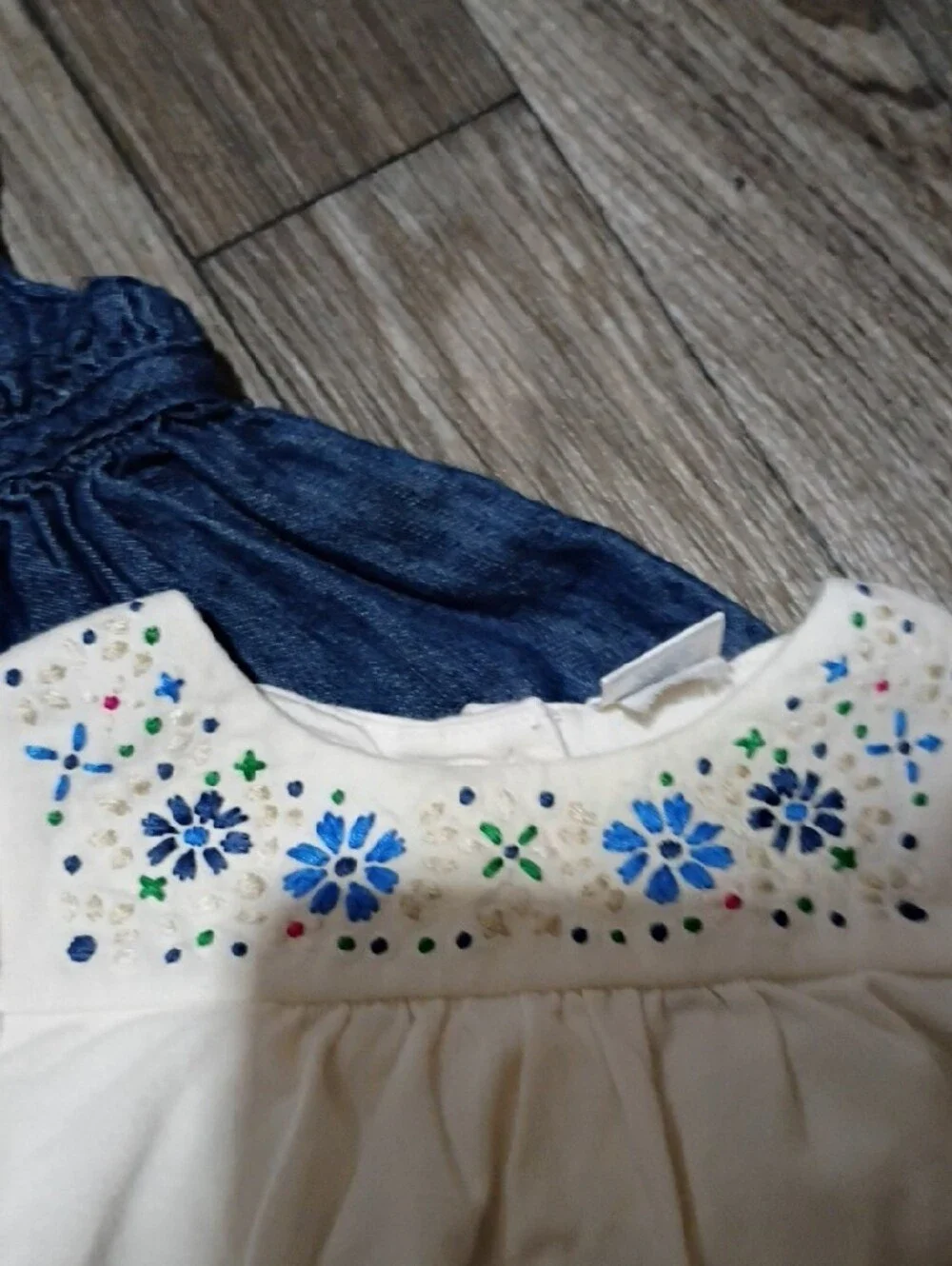 Girls Blue Denim Dress and White Embroidered Top Set - New